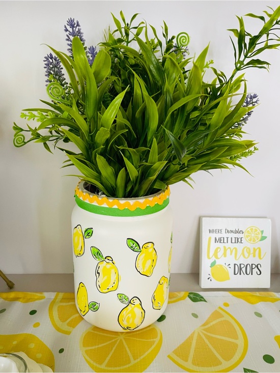 Believeinhope Other - Hand-Painted Lemon plastic Jar Vase - White and Yellow